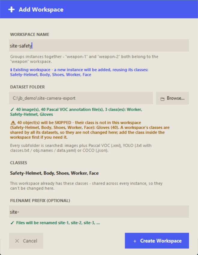 The Add Workspace window showing 40 images and 3 classes found, with a warning that one class is not in the workspace