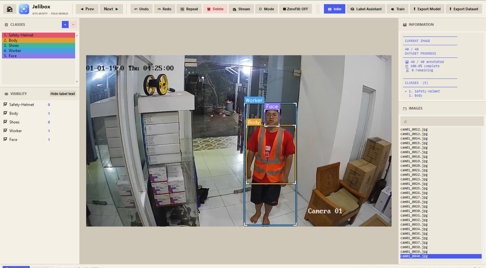 Jelibox annotation workspace with the class panel, image canvas with labeled boxes, and the information panel