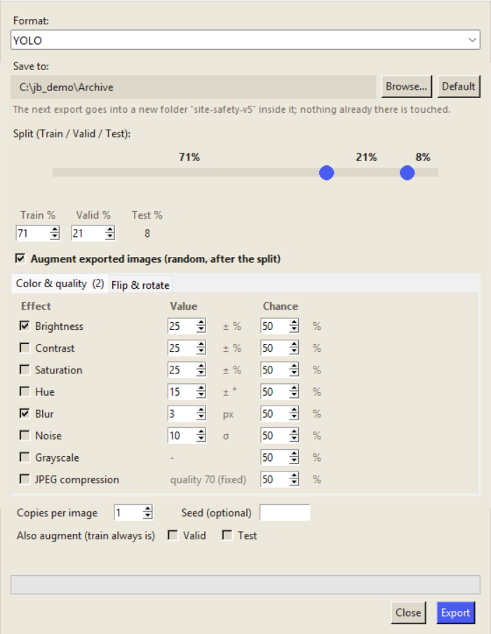 The Export Dataset window with the Save to folder, the split slider and the augmentation options