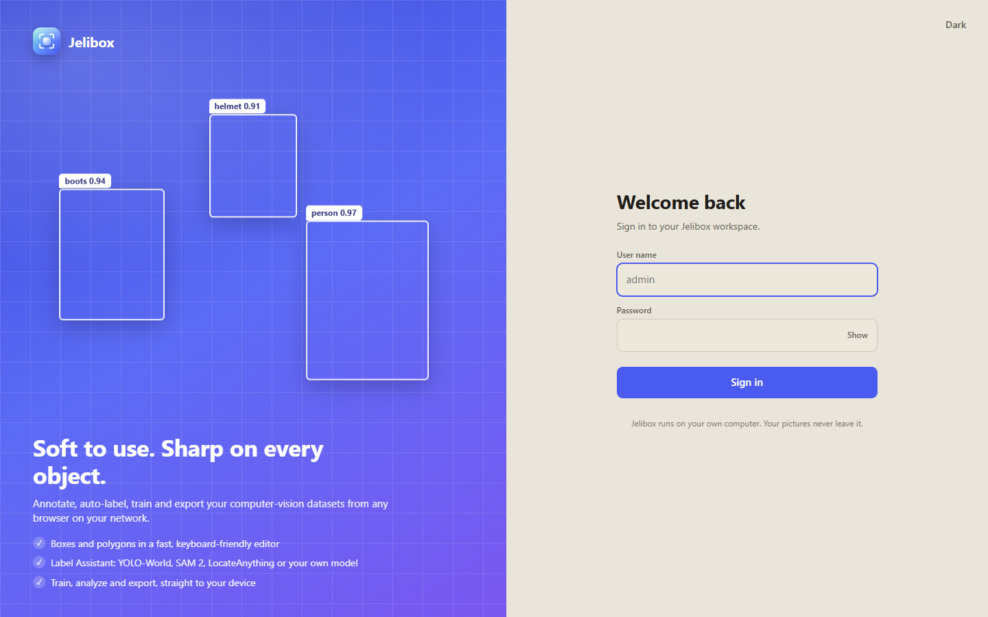 The Jelibox sign-in page with the brand panel and the sign-in form